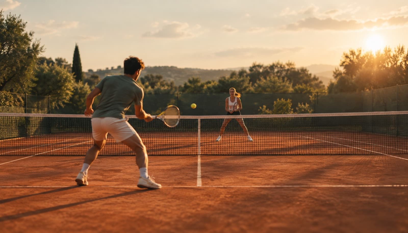 Two players in a rally on a golden-hour clay court